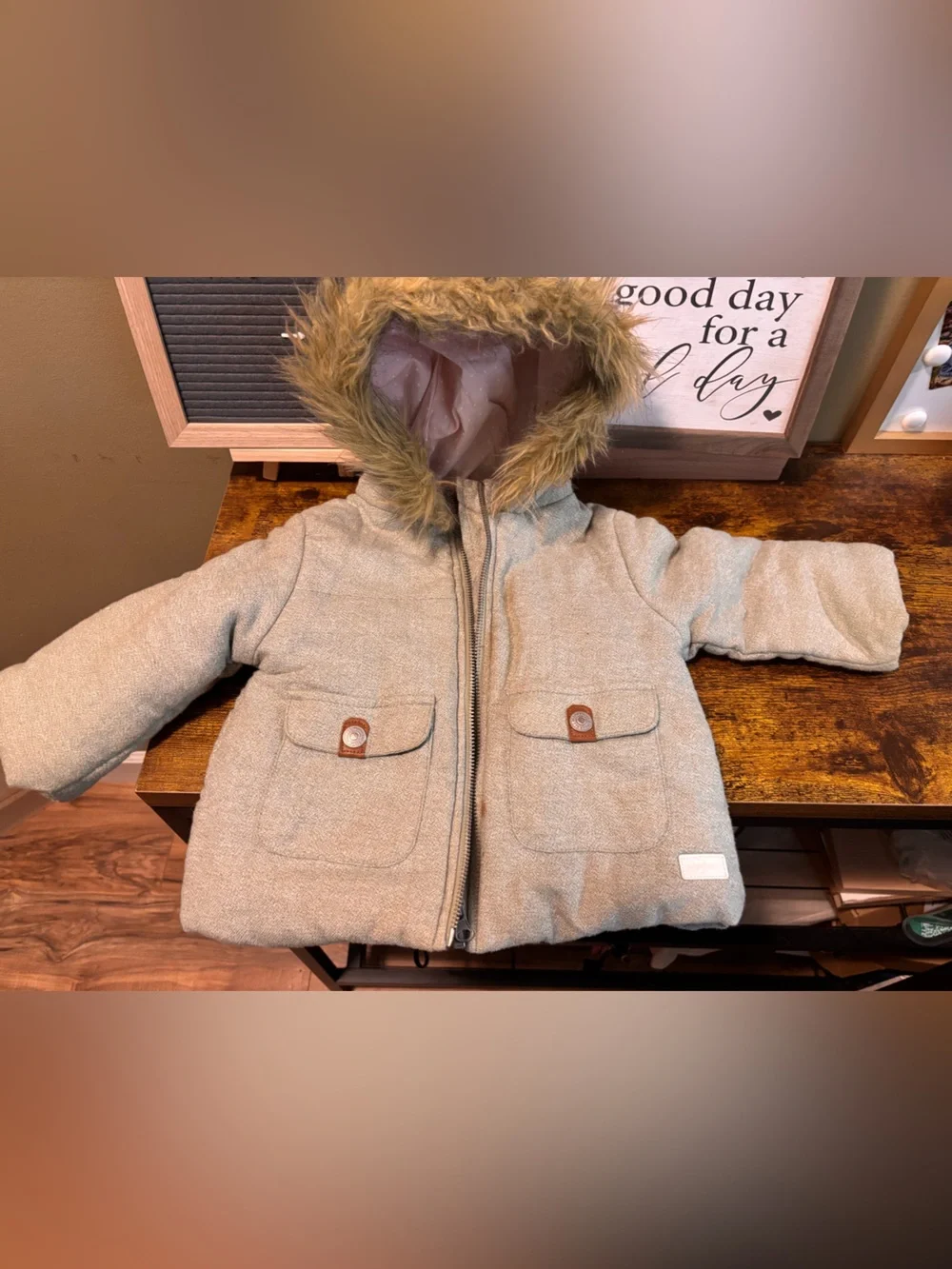 7 For All Mankind Girls Beige/Light Gray Hooded Winter Coat with Faux Fur Trim